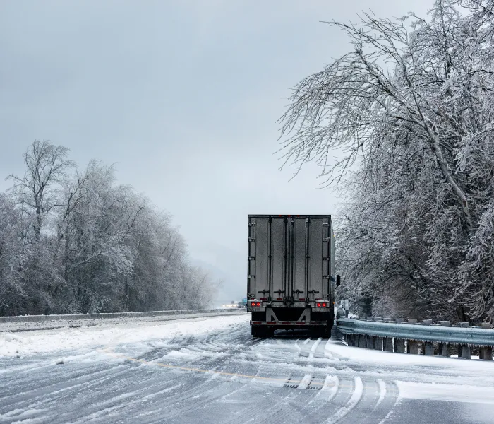 A truck is parked on the side of a snowy, icy road with leafless, ice-covered trees under an overcast sky.